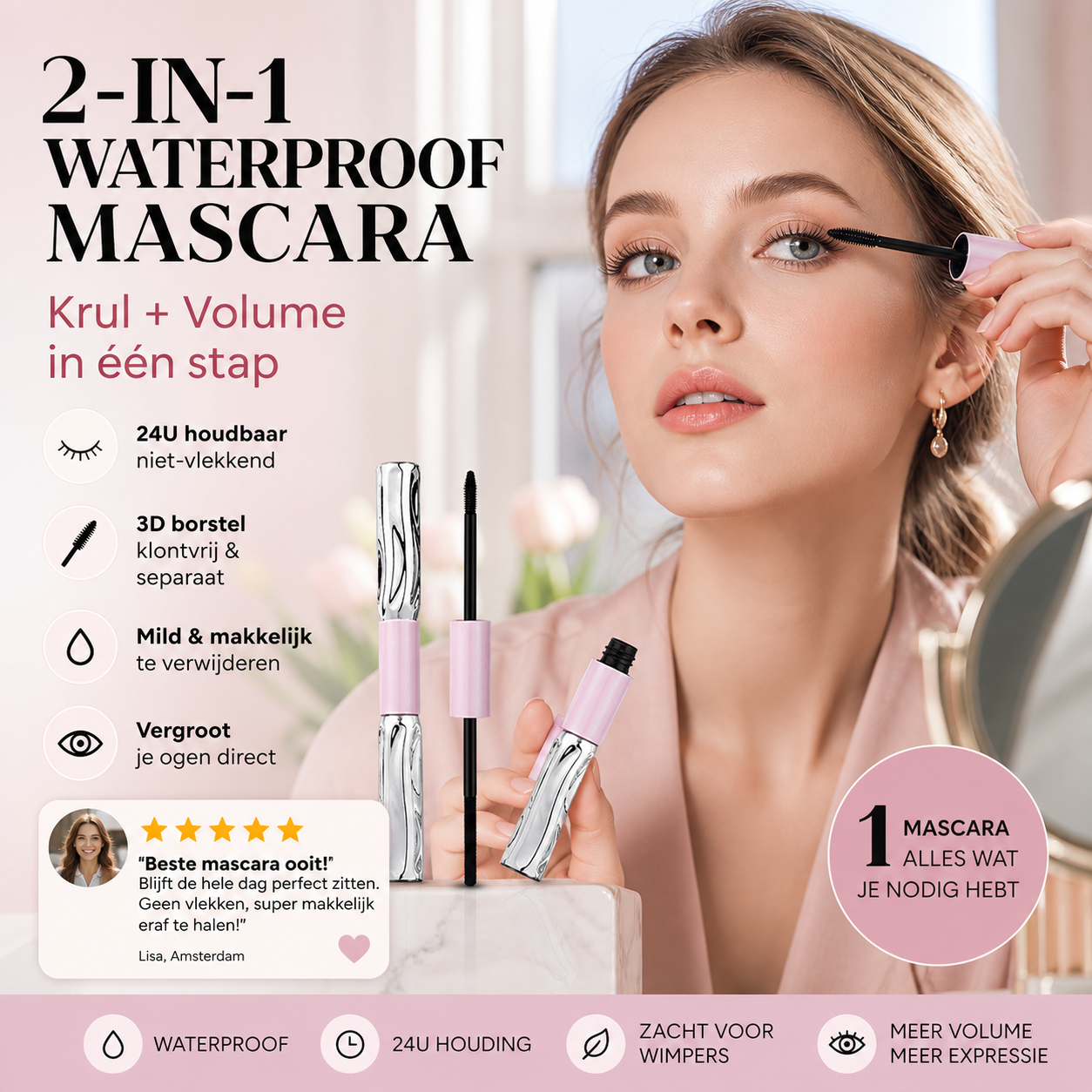 👁️ 50% korting! 2-in-1 volume & krul mascara – langhoudend, klontvrij & waterproof. Voor wauw-wimpers in 1 laag! ✨💖