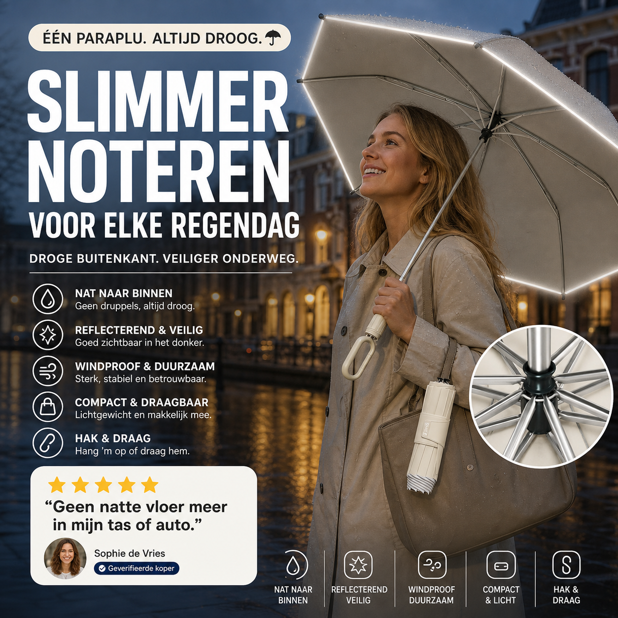 ☂️ 50% korting! Reflecterende veiligheidsparaplu – met ringgesp, stevig & windbestendig. Veilig & zichtbaar in regen en donker! 🌙✨