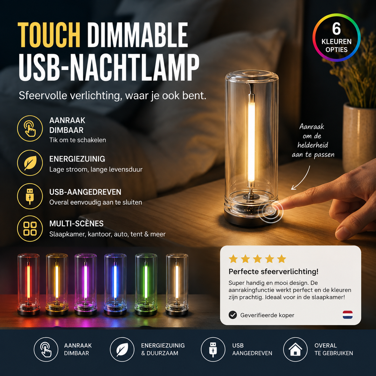 50% korting! USB touch glazen nachtlamp – 9 kleuren & dimbaar, laag energieverbruik. Perfect voor camping, auto & slaapkamer! ✨🔋