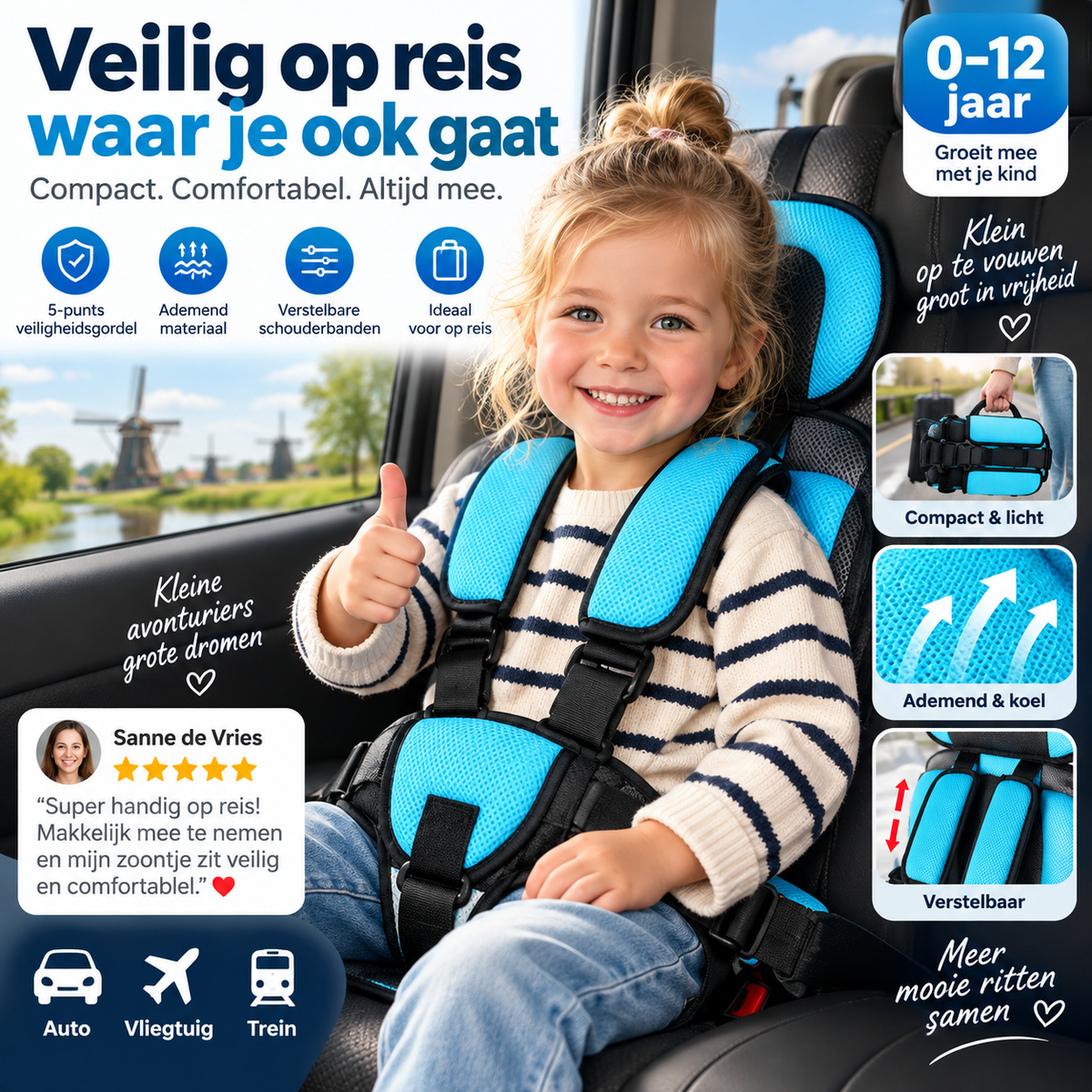 🧸 50% korting! Draagbare kinderautostoel – 0-12 jaar, 5-punts gordel & opvouwbaar. Perfect voor reizen, vliegtuig & trein – veilig & comfortabel! 🚗✨