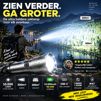 🔦 50% korting! Oplaadbare superheldere LED-zaklamp – 10.000 lumen, 48 uur gebruiksduur & USB-C snelladen. Waterdicht & onbreekbaar! ✨⚡