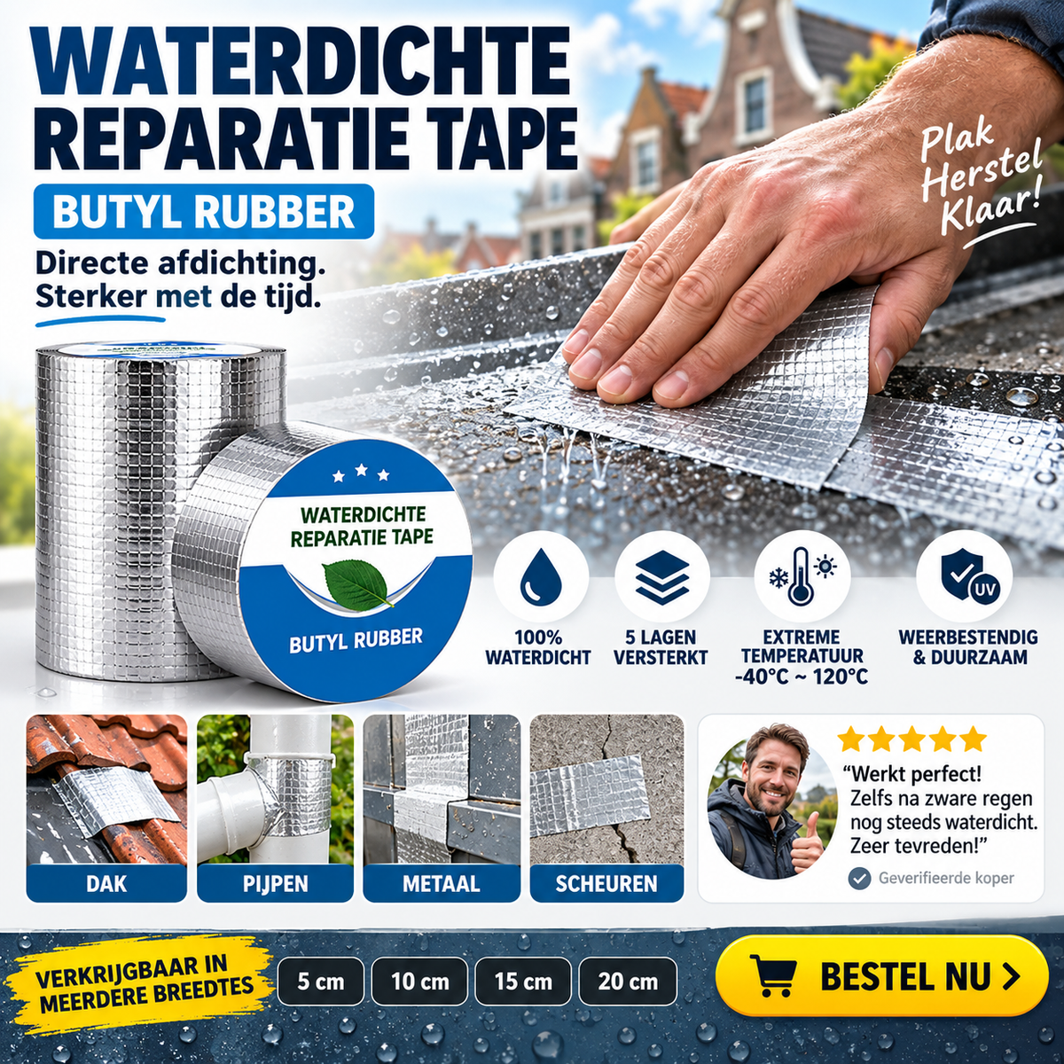 🔧 50% korting! Universele waterdichte reparatietape – butylrubber, 5-lagen constructie & weerbestendig. Dicht lekkages bij dak, leiding & metaal – direct klaar! ✨💧