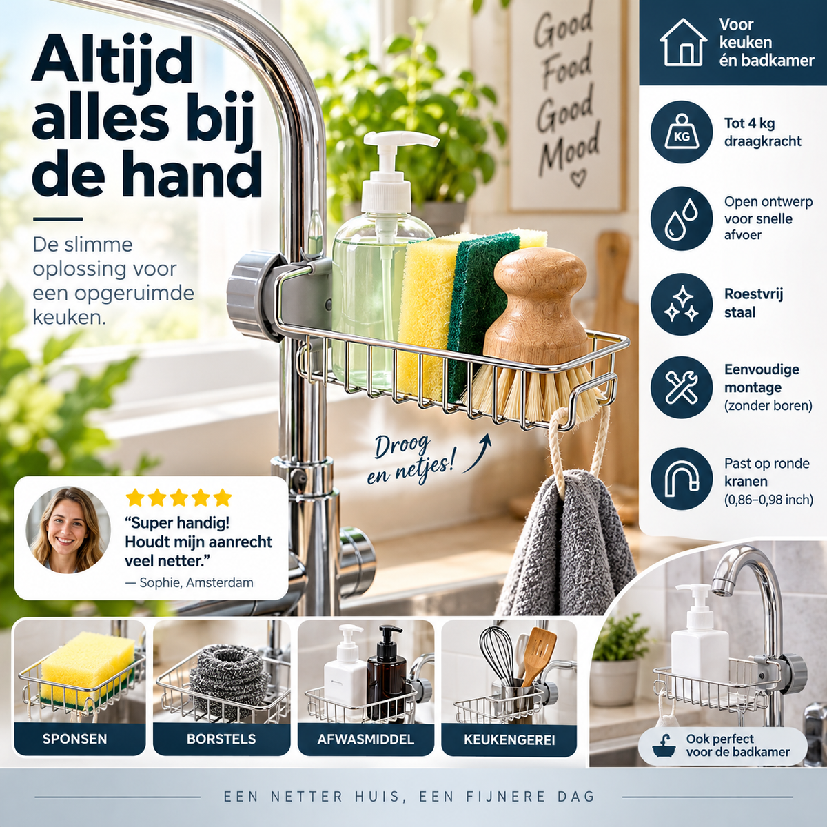 🧽 50% korting! Gootsteen organizer rek – RVS, 4 kg draagkracht & zonder boren aan de kraan te bevestigen. Houd sponzen & zeep binnen handbereik! ✨💪