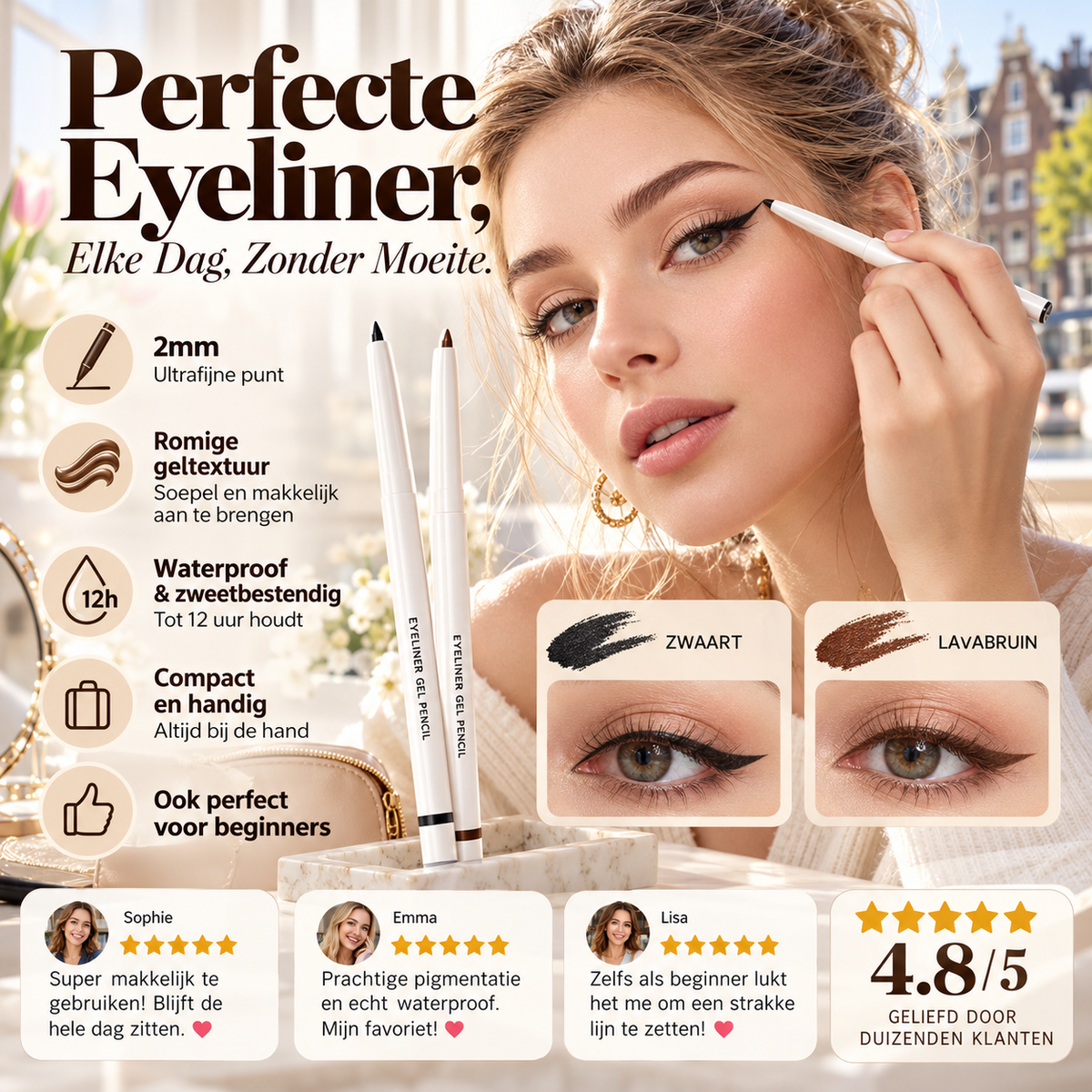 👁️ 50% korting! Gel eyelinerpotlood – fijne 2 mm punt, romige textuur, water- & zweetbestendig tot 12 uur. Zwart of bruin – van subtiel tot cat-eye! ✨🖊️