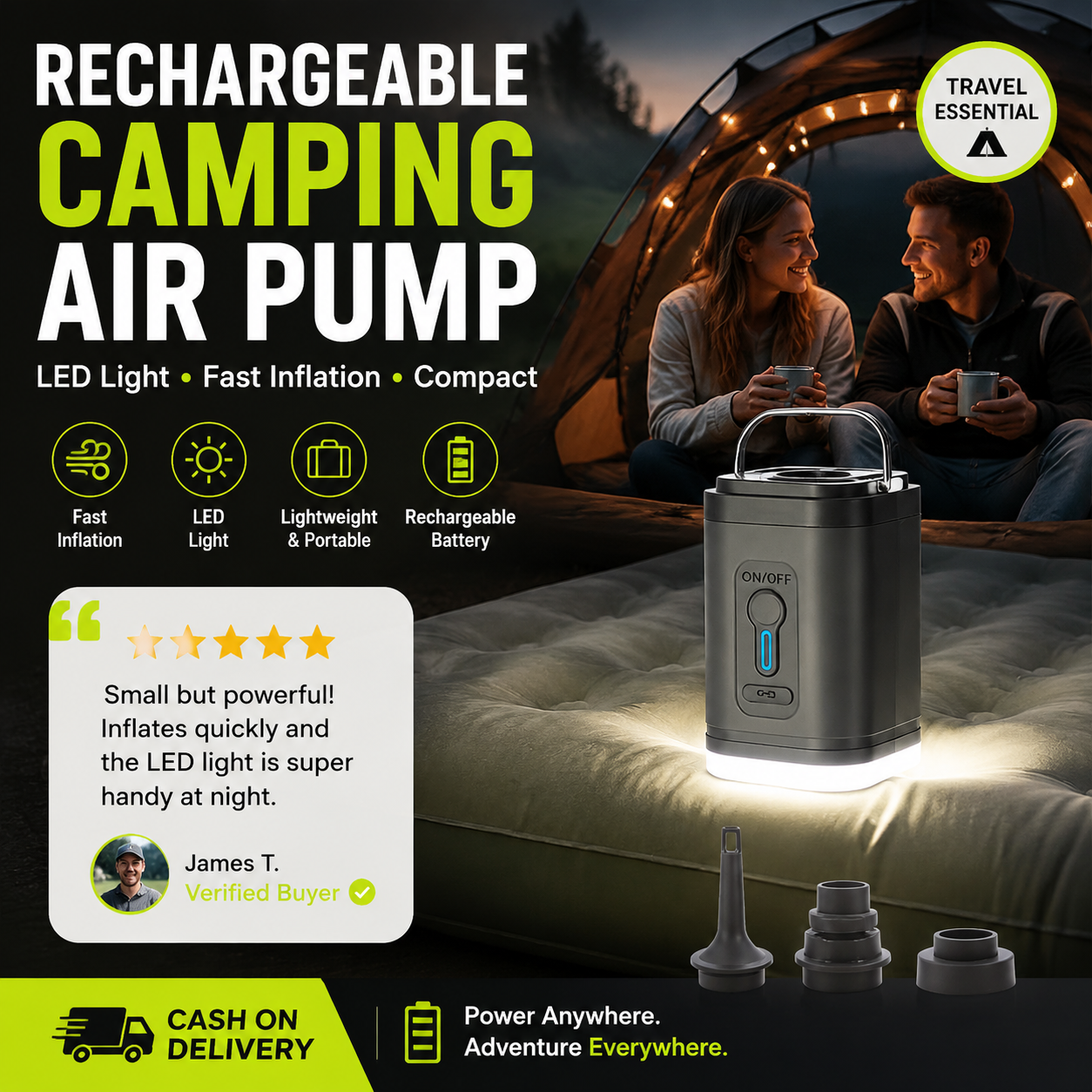 🏕️ Oplaadbare camping luchtpomp – LED-verlichting, snel oppompen, compact – Levering achteraf betalen 🔋