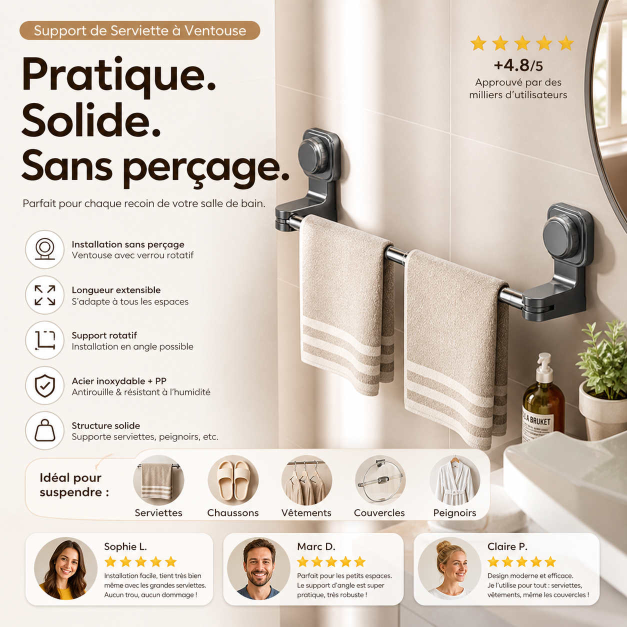 🔥‑50% DE RÉDUCTION🚿 Porte‑serviettes à ventouse réglable sans perçage, fixation forte, facile à poser et à déplacer dans la maison ✨