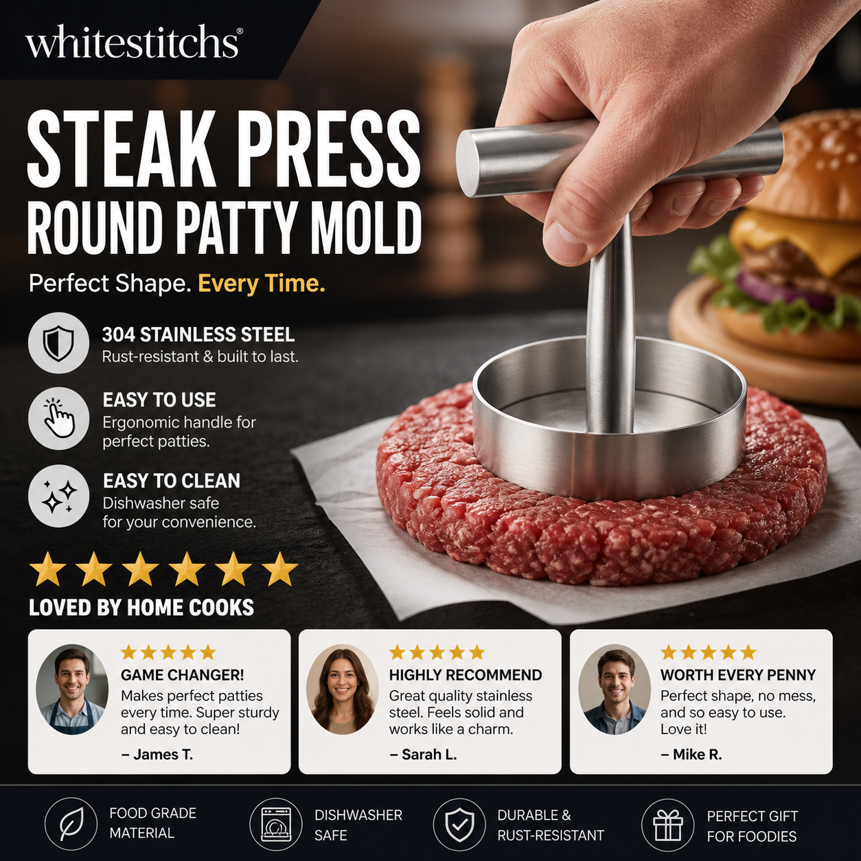 🥩🔪 Steakpers ronde burgervorm | 304 RVS, antiaanbak | Eén druk, perfecte patty | Vaatwasserbestendig | 13,2x17,5x9 cm, 364 g | 50% KORTING!