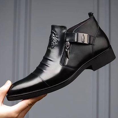 👞 Gratis levering 👞 Lederen enkellaarzen met Double Side Zipper en puntige uiteinden voor mannen