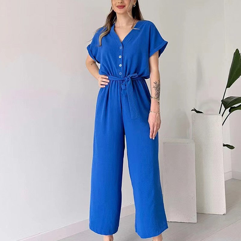 【🎊2024 Nieuwe producten】💖Casual dames jumpsuit met korte mouwen en V-hals