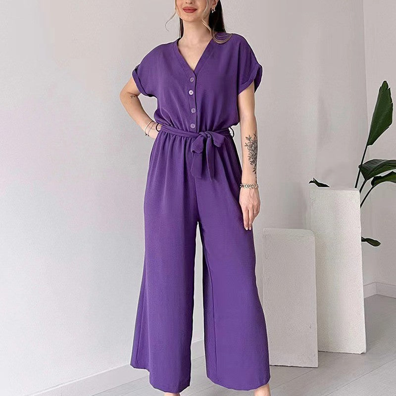 【🎊2024 Nieuwe producten】💖Casual dames jumpsuit met korte mouwen en V-hals