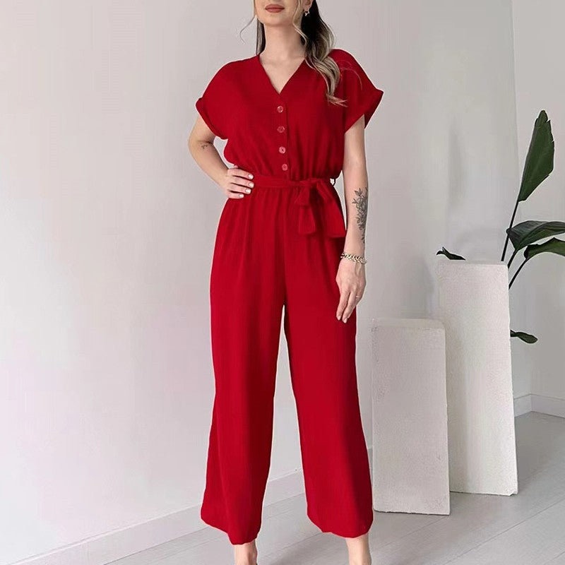 【🎊2024 Nieuwe producten】💖Casual dames jumpsuit met korte mouwen en V-hals