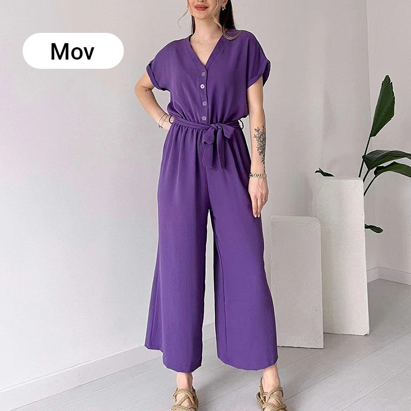 【🎊2024 Nieuwe producten】💖Casual dames jumpsuit met korte mouwen en V-hals