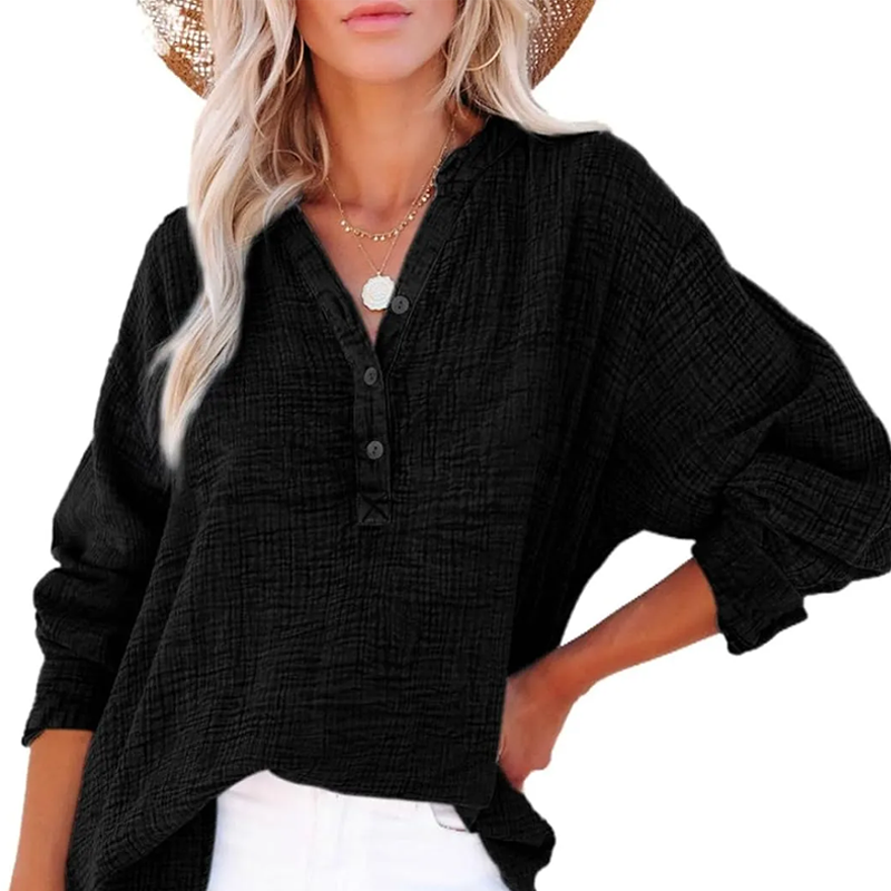 💖Beperkte Uitverkoop 60% UIT💖Women's Casual Gaas Knoop Hals Lange Mouw Blouse