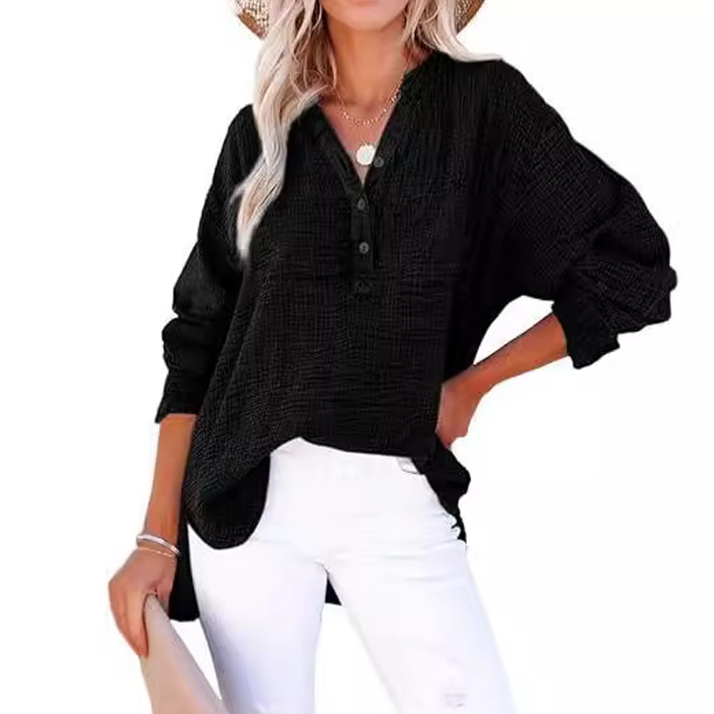 💖Beperkte Uitverkoop 60% UIT💖Women's Casual Gaas Knoop Hals Lange Mouw Blouse