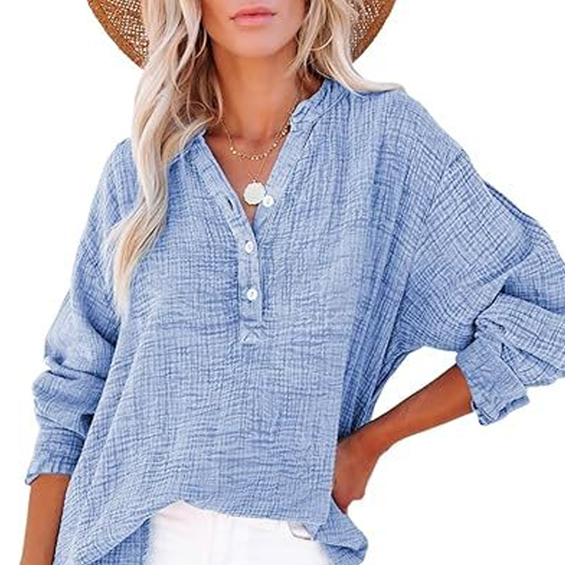 💖Beperkte Uitverkoop 60% UIT💖Women's Casual Gaas Knoop Hals Lange Mouw Blouse