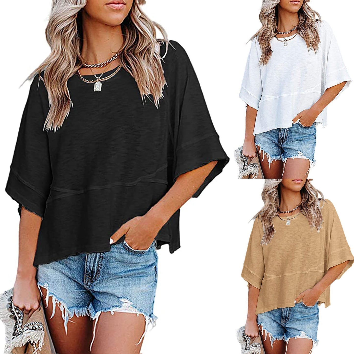 👕 Effen patchwork T-shirt met 5-punts mouwen – losse fit, uniek design, stijlvolle blikvanger! ✨