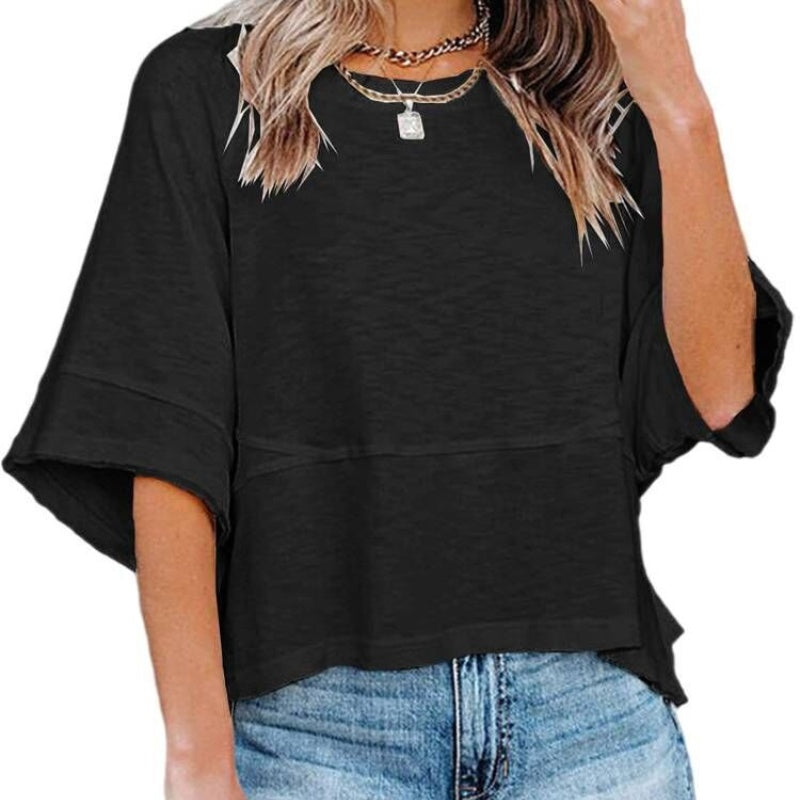 👕 Effen patchwork T-shirt met 5-punts mouwen – losse fit, uniek design, stijlvolle blikvanger! ✨