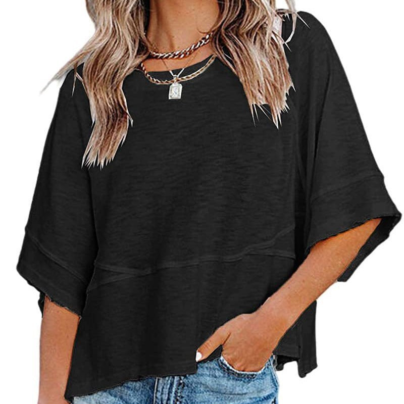 👕 Effen patchwork T-shirt met 5-punts mouwen – losse fit, uniek design, stijlvolle blikvanger! ✨