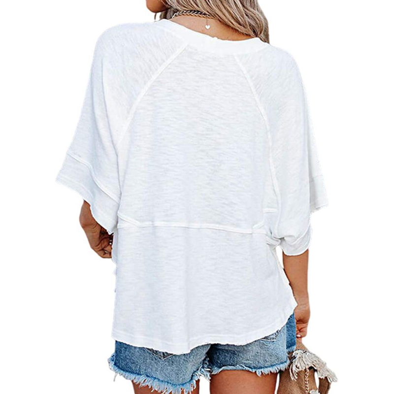 👕 Effen patchwork T-shirt met 5-punts mouwen – losse fit, uniek design, stijlvolle blikvanger! ✨