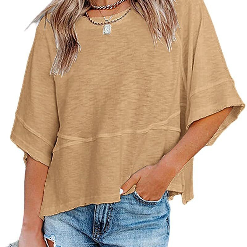 👕 Effen patchwork T-shirt met 5-punts mouwen – losse fit, uniek design, stijlvolle blikvanger! ✨