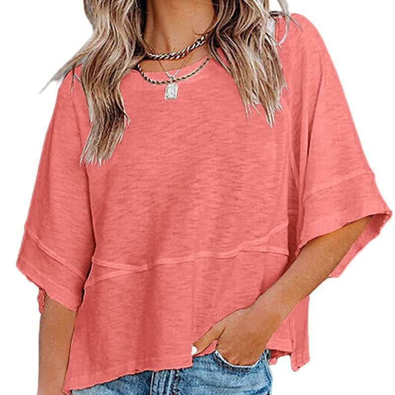 👕 Effen patchwork T-shirt met 5-punts mouwen – losse fit, uniek design, stijlvolle blikvanger! ✨