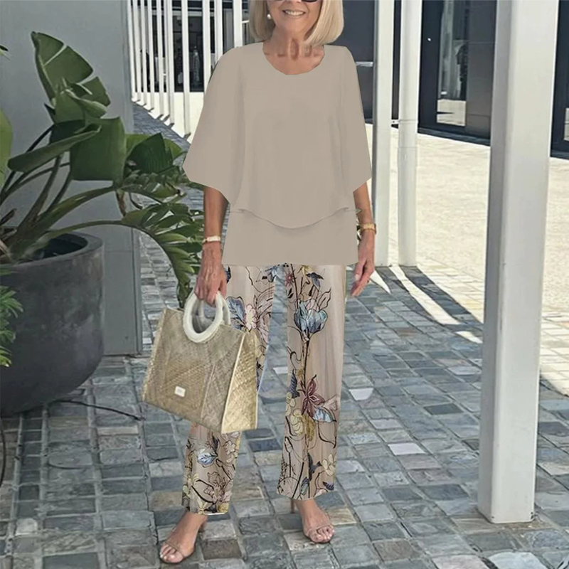 Set damesbroek met print en top met ronde hals