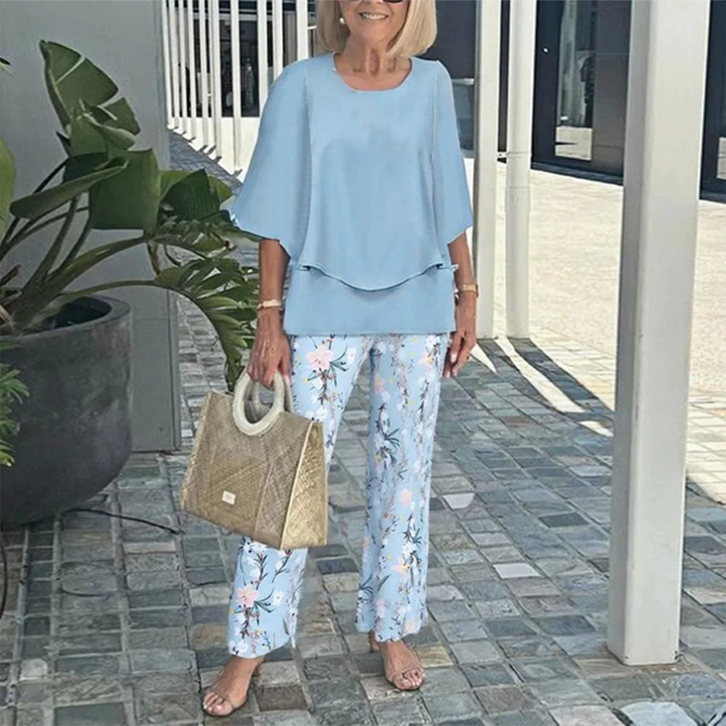 Set damesbroek met print en top met ronde hals