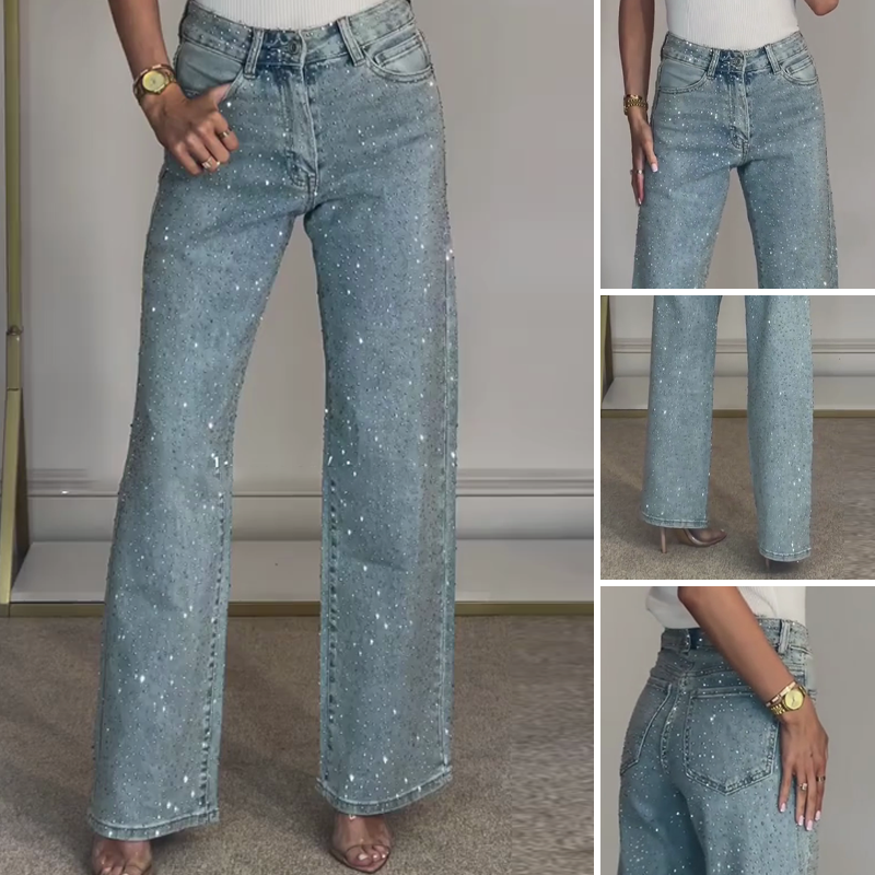 🔥Jeans met rechte pijpen en strass-steentjes