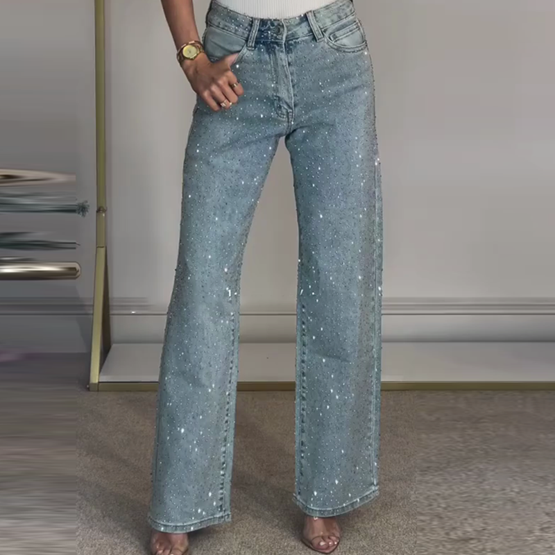🔥Jeans met rechte pijpen en strass-steentjes