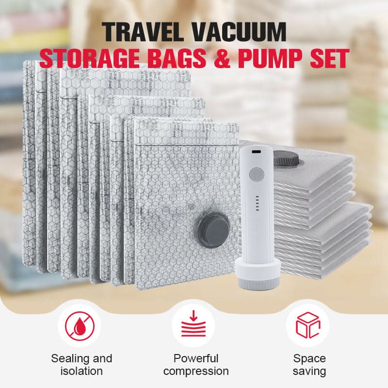🔥 50% KORTING !✨Opbergset voor Reizen: Vacuümzakken en Draagbare Pomp