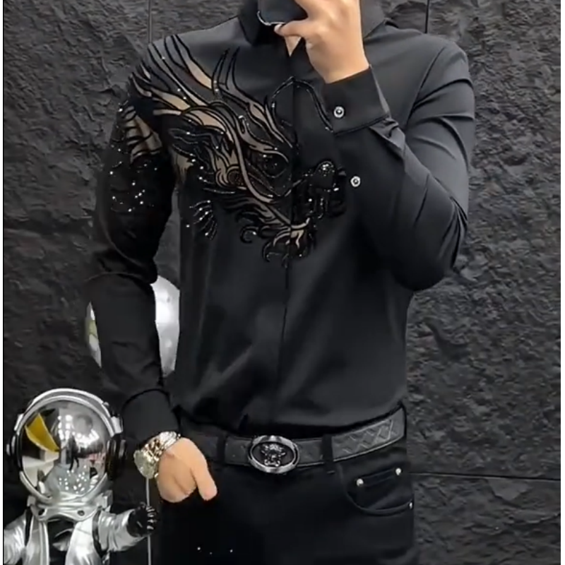 ✨ Stijlvol Slim-Fit Overhemd voor Heren – Zwarte basis met subtiele print, ademend materiaal, verkrijgbaar tot maat 4XL!