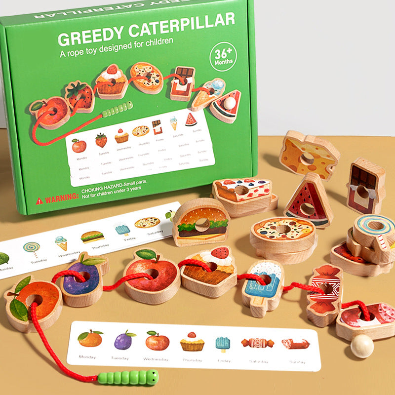 Houten gulzige rups touwspeeltje voor kinderen vanaf 3 jaar