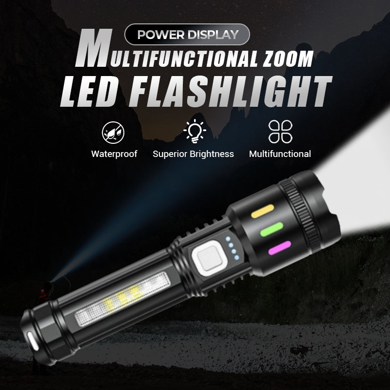 Multifunctionele LED-zaklamp met zoomfunctie en vermogensdisplay