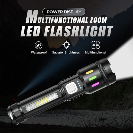 Multifunctionele LED-zaklamp met zoomfunctie en vermogensdisplay