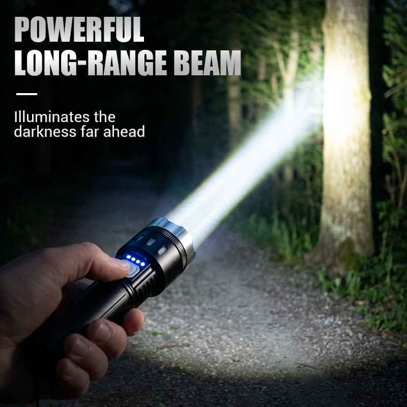 Multifunctionele LED-zaklamp met zoomfunctie en vermogensdisplay