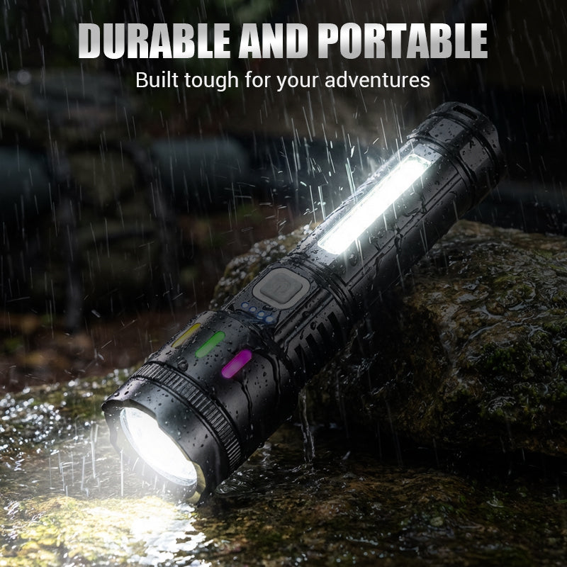 Multifunctionele LED-zaklamp met zoomfunctie en vermogensdisplay