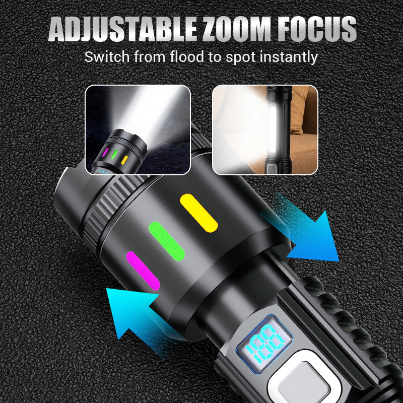 Multifunctionele LED-zaklamp met zoomfunctie en vermogensdisplay