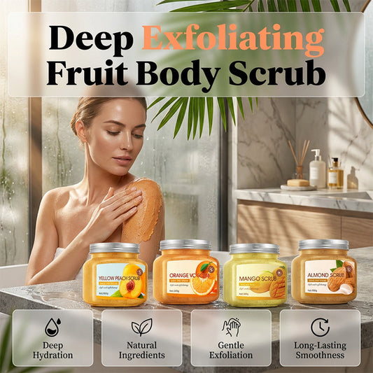 🍊 50% korting op fruit body scrub – exfolieert diep, laat huid stralen en ruikt heerlijk fruitig.