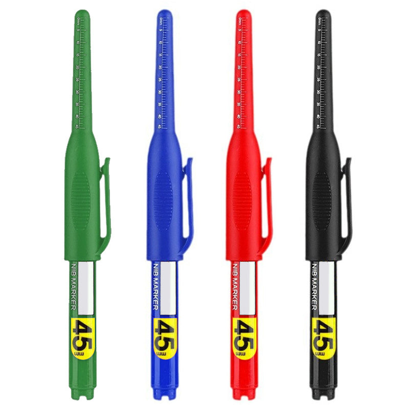 🖊️ 50% korting! Diepgatmarker met 45 mm punt – waterbestendig, sneldrogend & 72 uur zonder dop. Ingebouwde liniaal & klem – voor bouw & montage! ✨🔧