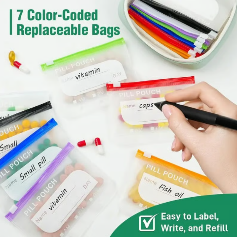 💊Waterdichte Pillen Organizer Set – Herbruikbare Labelzakjes voor Medicijnen, Vitamines & Reizen