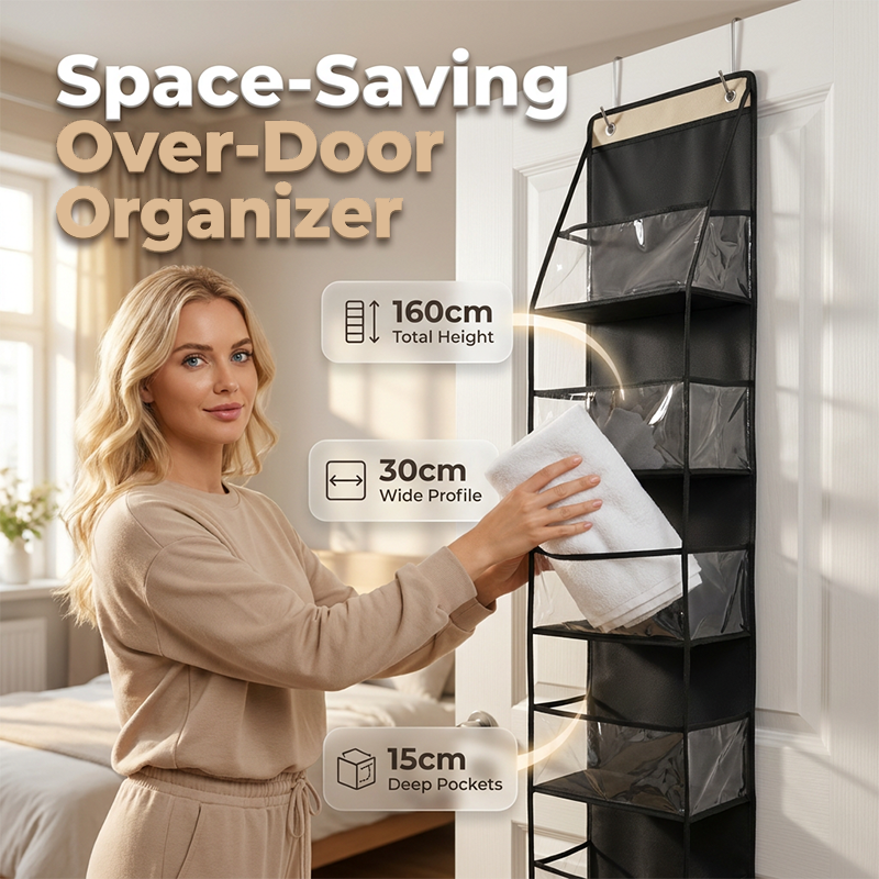🚪 50% korting op over-deur organizer – hangt aan elke deur, creëert extra opbergruimte voor schoenen, accessoires en meer.