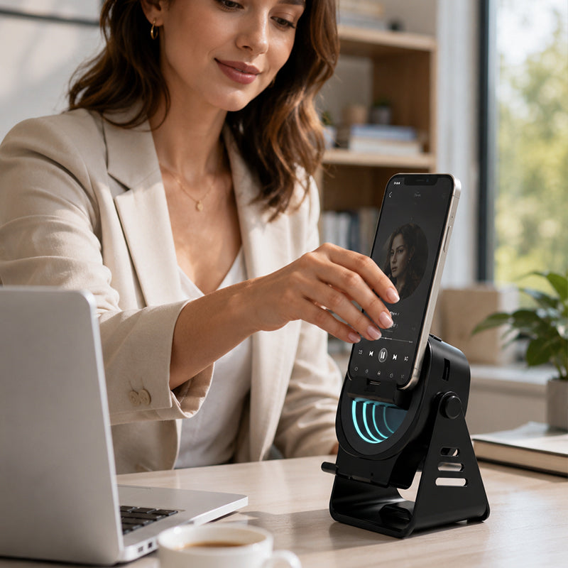 📱 Mobiele telefoonhouder met inductieluidspreker – kijk, laad en luister tegelijk! 🎵✨