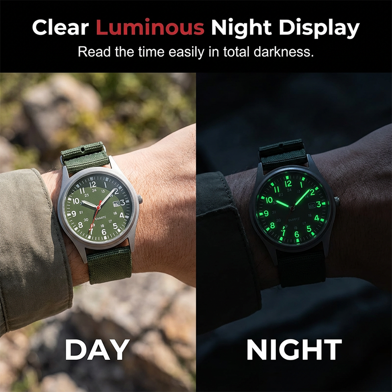⌚ Klassiek quartz horloge met lichtgevende wijzers – draagbaar, stijlvol en 24/7 afleesbaar in het donker.