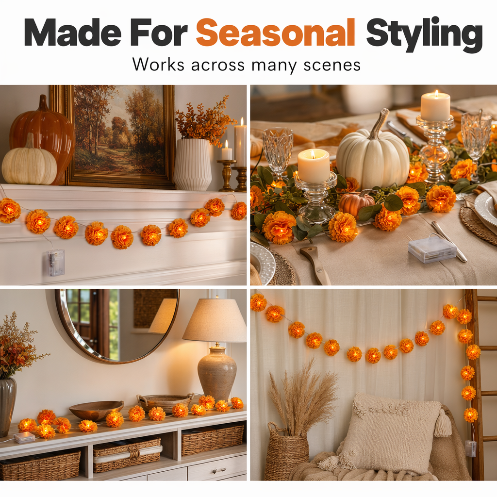 💀New Arrival 50% OFF! 🌼 Artificial Marigold Flower Led String Light – Perfect For Day Of The Dead & Halloween, 20 Leds, 8 Modes, Waterproof. Create A Festive Altar Or Spooky Porch! 🕯️🎃🧡