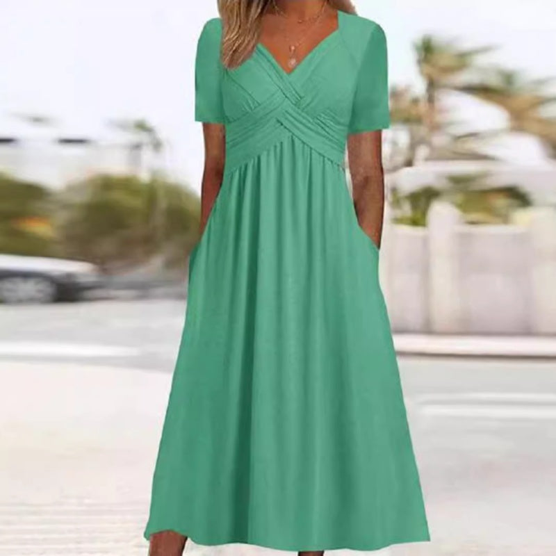 👗 V-hals lange jurk met korte mouwen – elegant, comfortabel en perfect voor elke gelegenheid. ✨