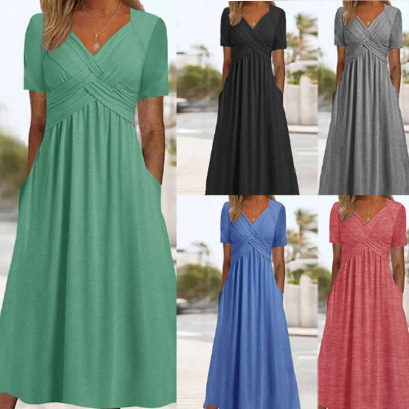 👗 V-hals lange jurk met korte mouwen – elegant, comfortabel en perfect voor elke gelegenheid. ✨