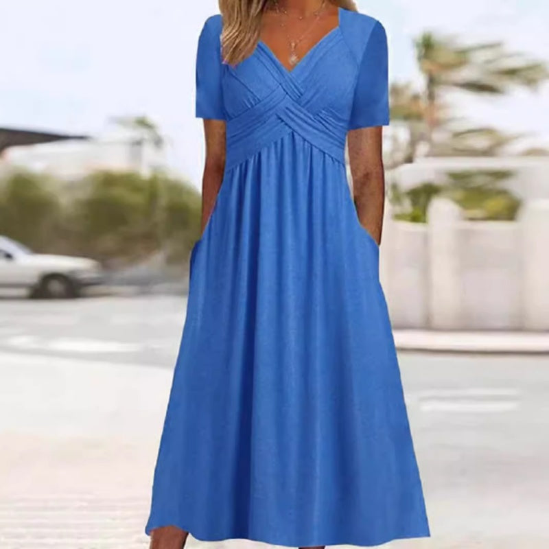 👗 V-hals lange jurk met korte mouwen – elegant, comfortabel en perfect voor elke gelegenheid. ✨