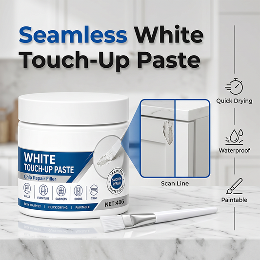 🪑 Witte meubel reparatiepasta met kwast – vult krassen, dekt vlekken af en herstelt de oorspronkelijke kleur.