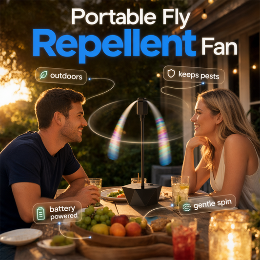 🌀 USB-oplaadbare opvouwbare vliegenventilator – beschermt tegen insecten, perfect voor kamperen en picknicken.