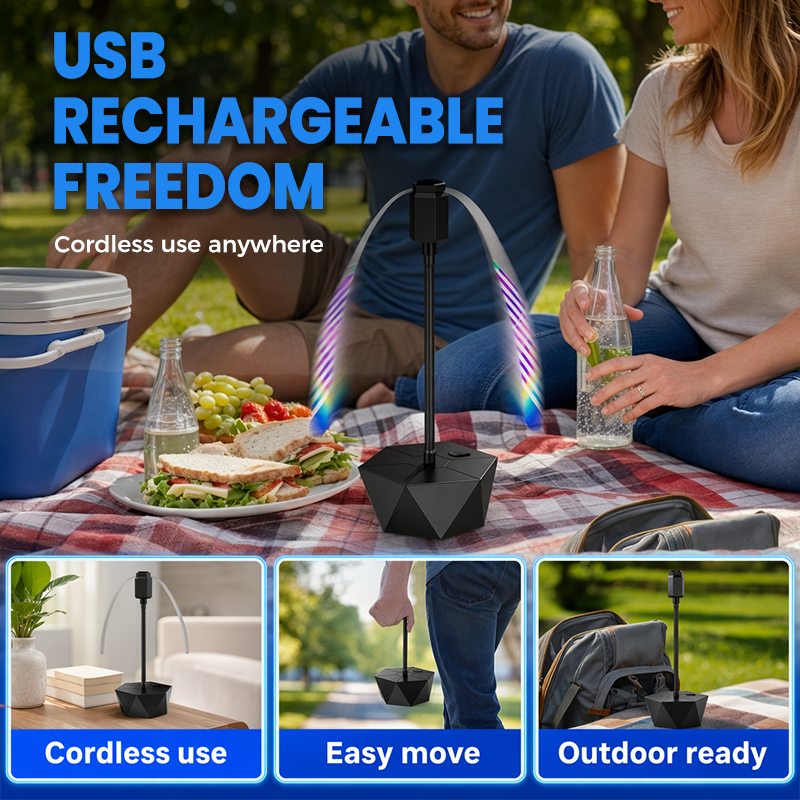 🌀 USB-oplaadbare opvouwbare vliegenventilator – beschermt tegen insecten, perfect voor kamperen en picknicken.